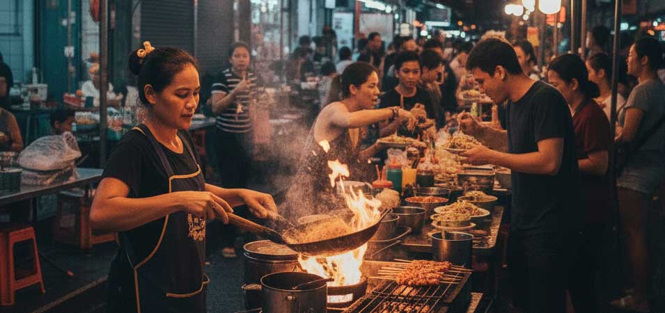 Bangkok street food vendor cooking at night market